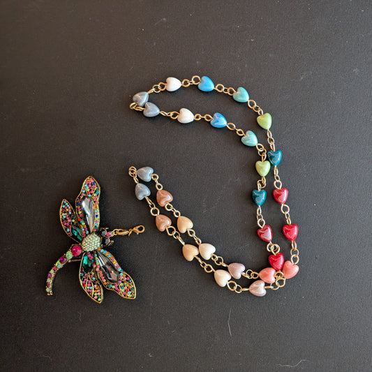 Gold Plated Brass Rhinestone Broach Pendant Ceramic Heart Wire Link Necklace